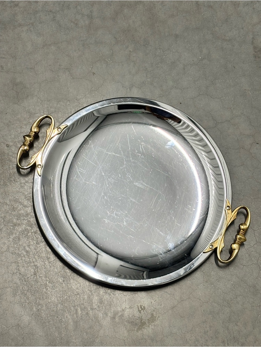 Silver Round Serving Tray with Gold-Tone Handles